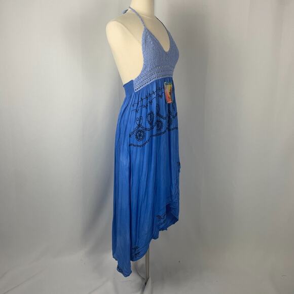 Boho Midi Dress Size Small Blue Embroidered Crochet Hi Low Beach Gypsy Festival - Picture 6 of 16